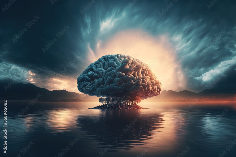 Poster a surreal image of a brain floating in the water with a sunset in the background and clouds in the s