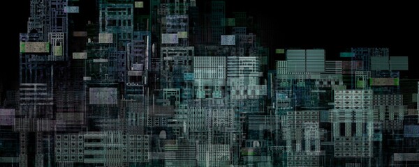 Fototapeta na wymiar Futuristic city in the night, surreal art, architecture painting, abstract of building, panorama