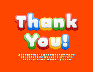 Vector appreciation card Thank You! Bright cute Font. Modern colorful Alphabet Letters, Numbers and Symbols set