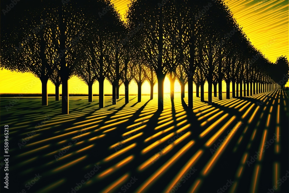 Poster a painting of a row of trees with the sun setting behind them and the sun shining through the trees 