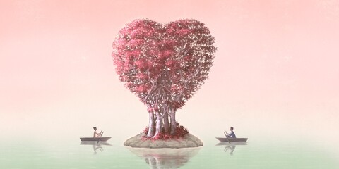 Tree heart of love. concept art of romance and Valentine's day. surreal painting illustration. Conceptual fantasy artwork.