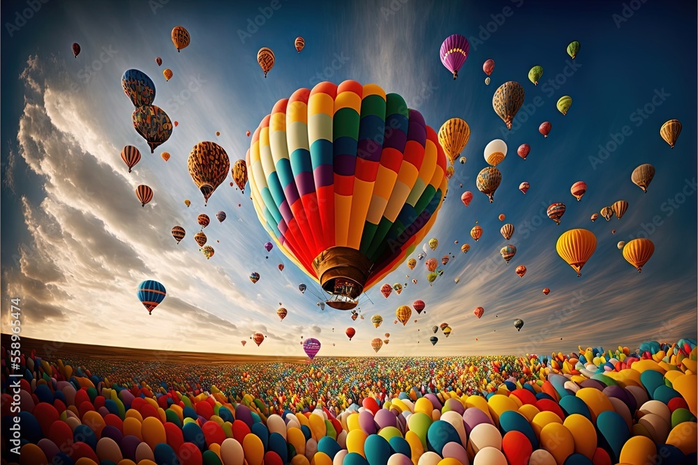 Aufkleber a large group of balloons flying in the sky above a field of grass and trees with a blue sky in the 