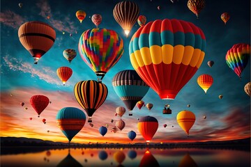 Fototapeta  a group of hot air balloons flying over a lake at sunset or sunrise with a reflection in the water and a colorful sky with clouds and a few other balloons floating in the air above. obraz