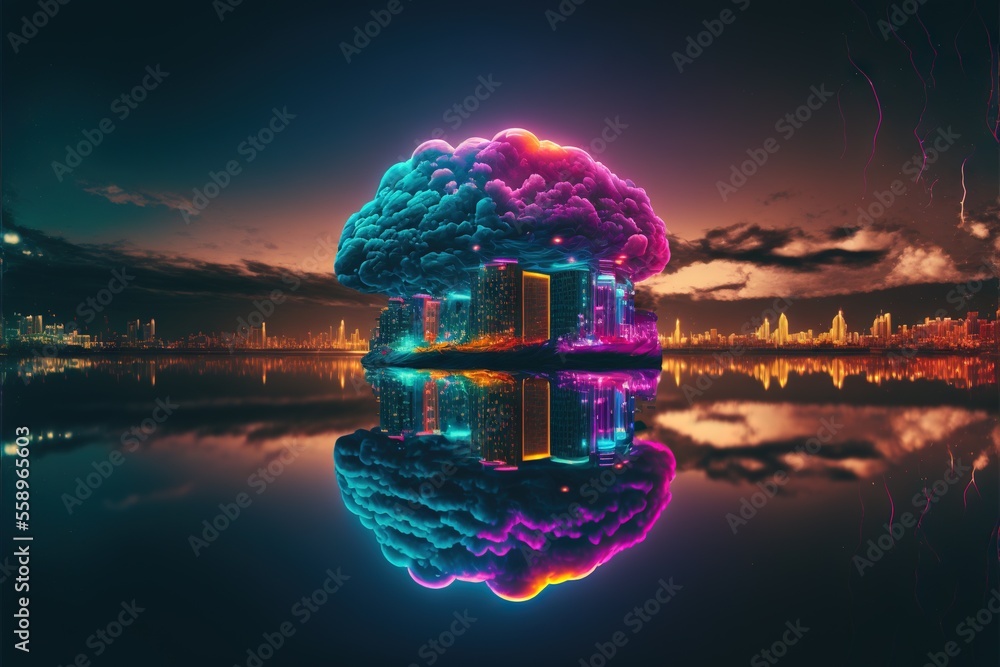 Poster a colorful image of a building with a reflection in the water and a city in the background with a ra