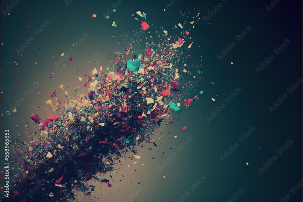 Poster a bunch of confetti falling from a tall pole into the air with a blue sky in the background and a fe