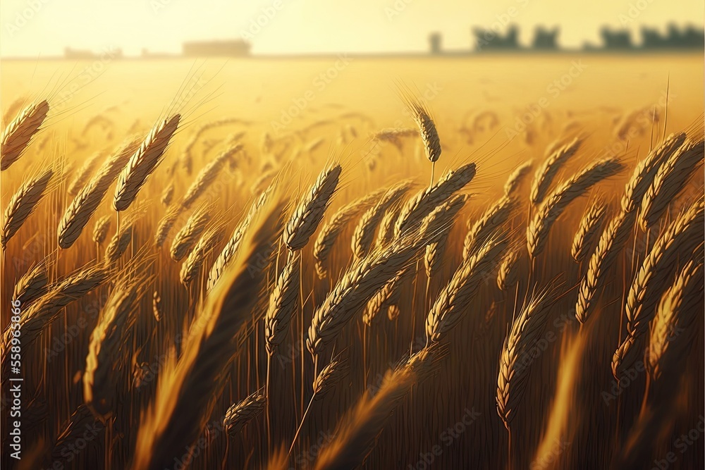 Aufkleber a field of wheat with a sunset in the background and a bird flying over it in the foreground of the 