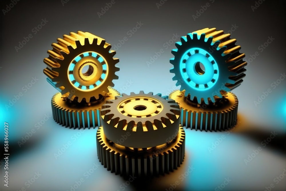 Poster a group of gears sitting on top of each other on a table with blue lights on them and a black backgr