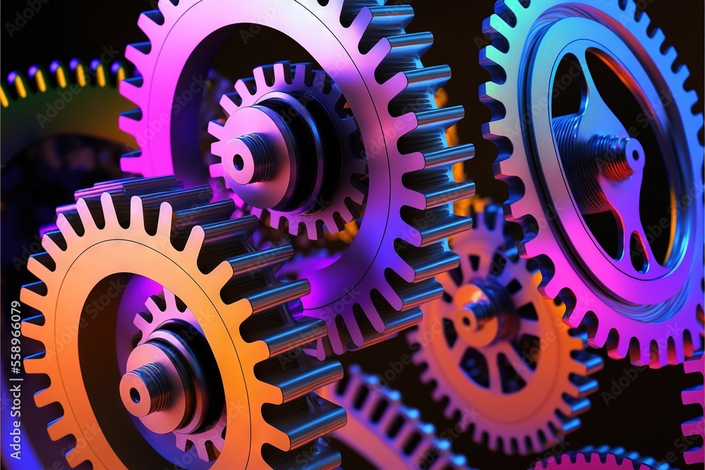 Poster a close up of a group of gears on a black background with a rainbow hued background and a black back