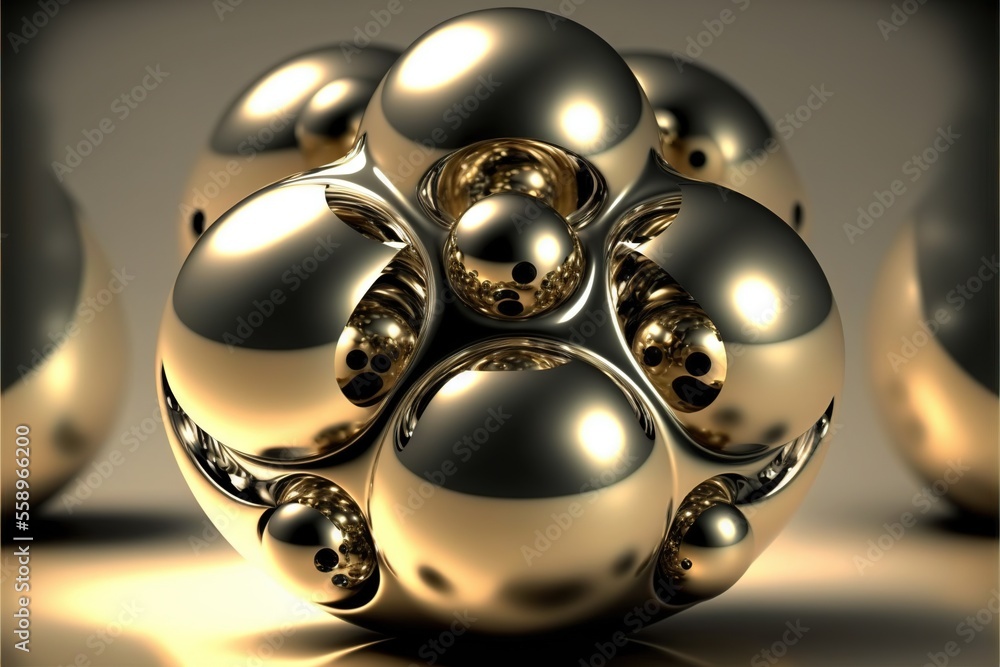 Poster a bunch of shiny balls are in a group together on a table top or floor with a light background and a