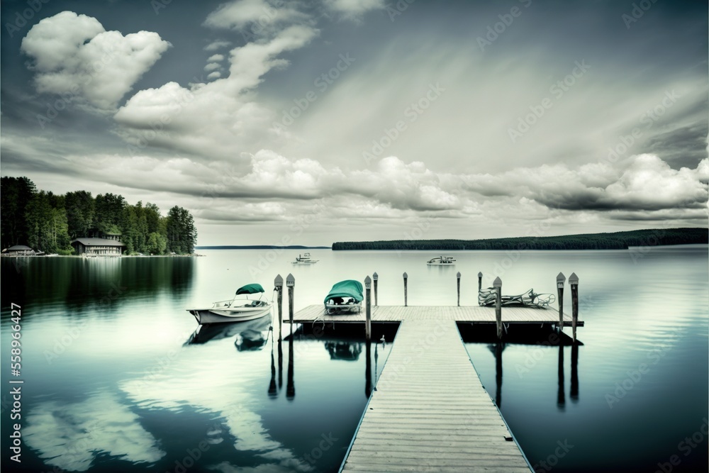 Poster a dock with two boats on it and a cloudy sky above it, and a dock with two boats on it, in the middl