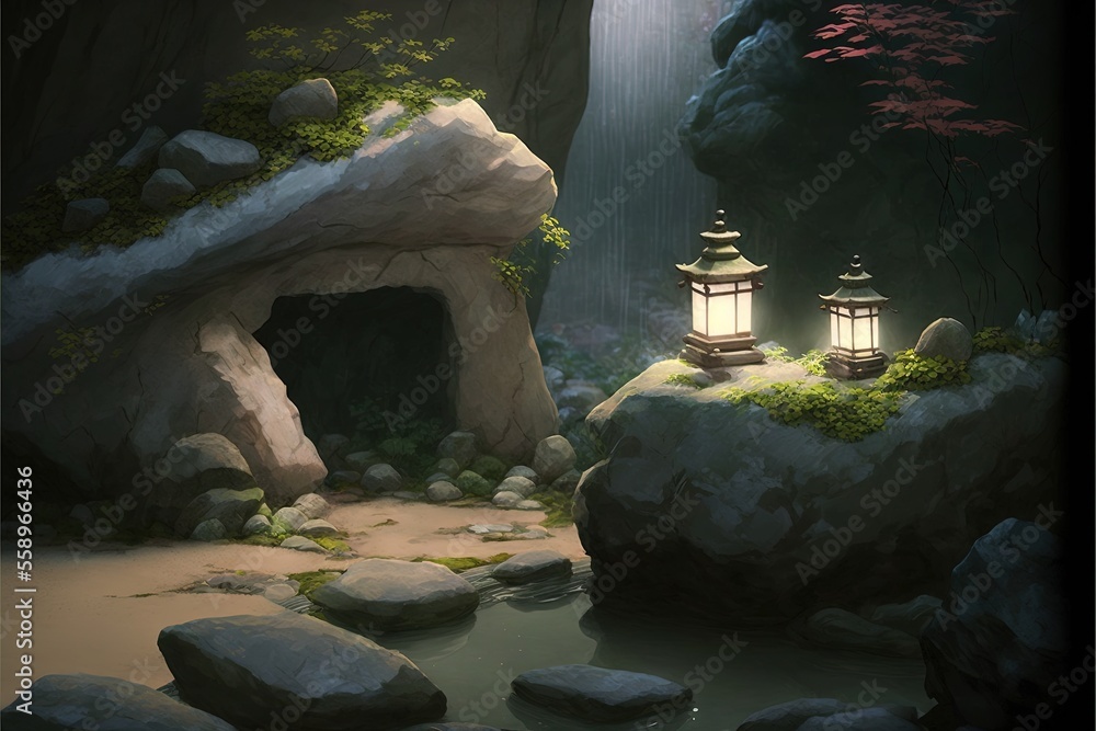 Poster a painting of a cave with lanterns and rocks in the water and a waterfall in the background with a w
