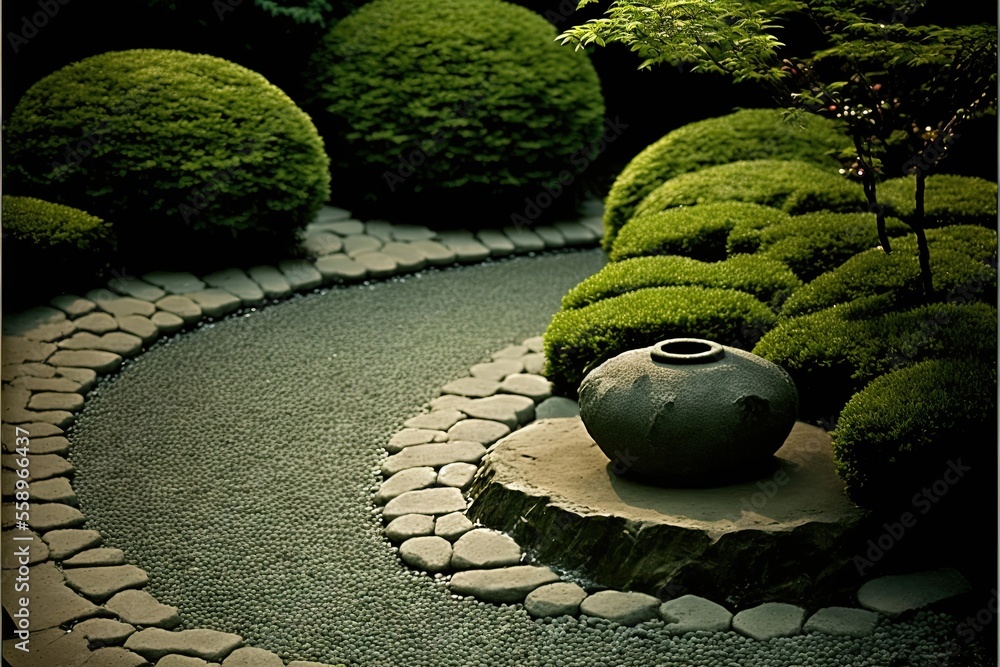 Poster a stone path with a vase and trees in the background and a path made of stones and stones between th