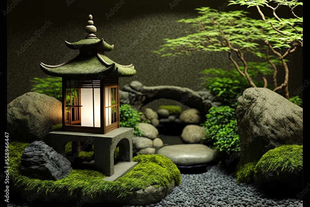 Aufkleber a lantern is lit in a garden with rocks and a tree in the background, and a small waterfall in the f
