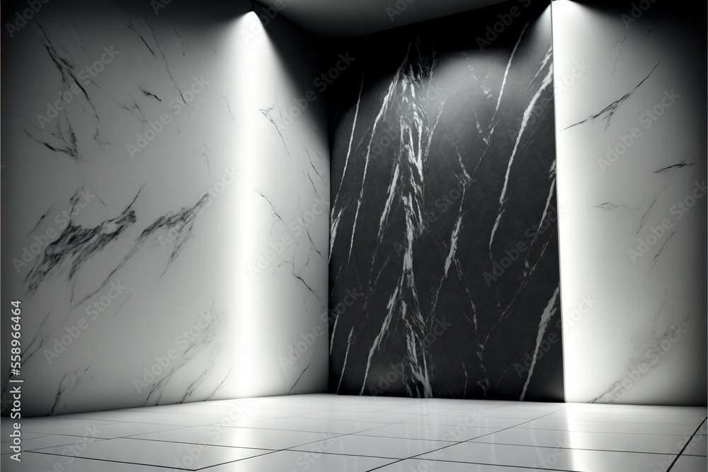 Poster a room with a marble floor and two spotlights on the wall and a tiled floor with a black and white p