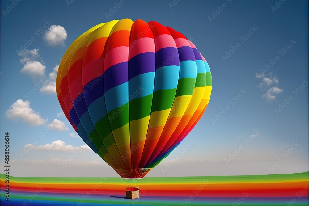 Poster a colorful hot air balloon flying in the sky with a rainbow stripe pattern on it's side and a blue s
