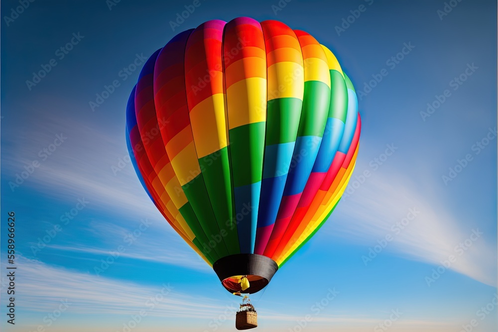 Poster a colorful hot air balloon flying in the sky over a field of grass and trees with a blue sky in the 