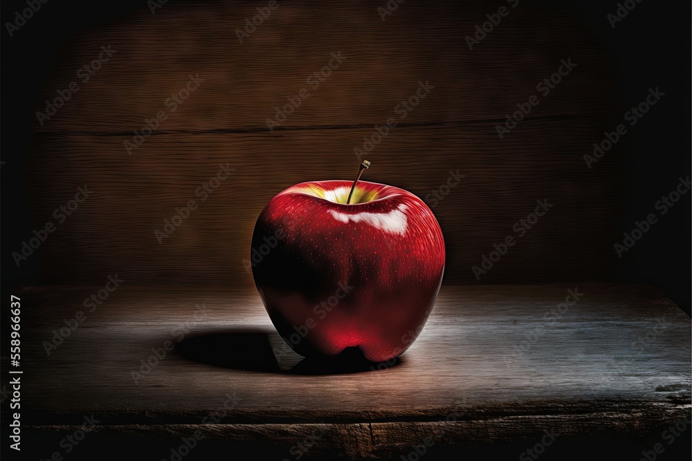Poster a red apple sitting on top of a wooden table next to a wall with a shadow of a person standing on it