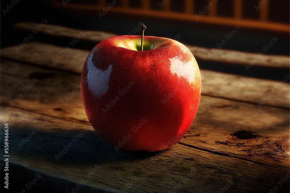 Poster a red apple sitting on top of a wooden table next to a window sill and a bench in the background wit