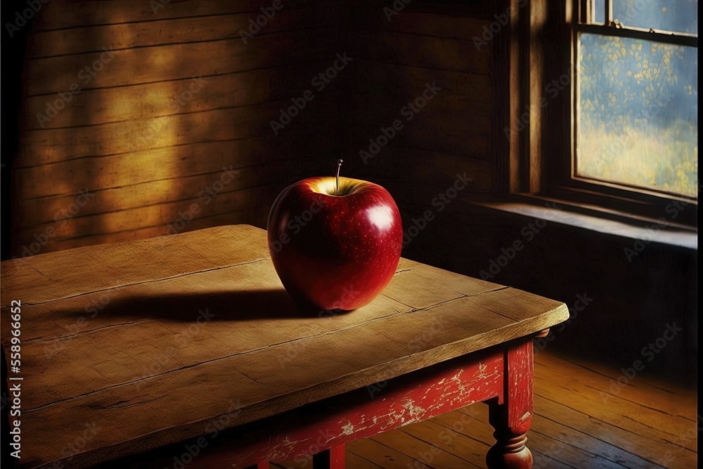 Poster  a painting of an apple on a table in a room with a window and a wooden table with a red table top and a wooden table with a red chair and a red apple on it. Generative AI