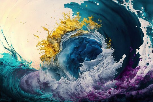 a painting of a wave with yellow and blue colors on it's side and a white background with a blue and yellow wave in the middle and bottom of the image is a white circle