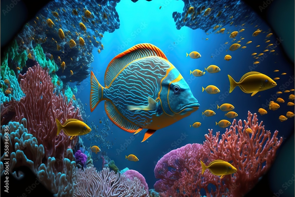 Poster a fish swimming in the ocean surrounded by corals and other fish on a blue background with a black b