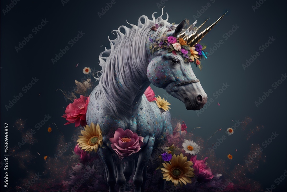 Poster a unicorn with a flower crown on its head standing in a field of flowers and daisies with a dark bac