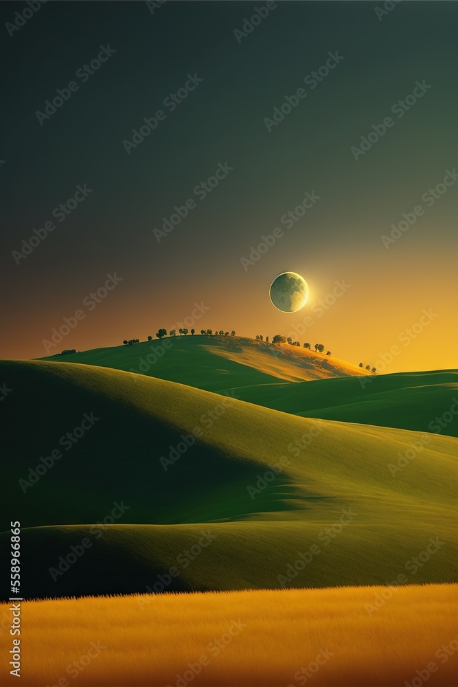 Poster a painting of a sunset over a green field with a distant moon in the distance and a distant horizon 