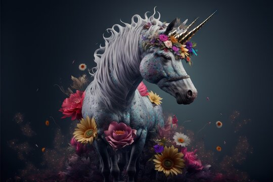  a unicorn with a flower crown on its head standing in a field of flowers and daisies with a dark background with a black background with a black background with a white unicorn with a. Generative AI