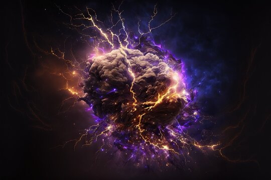  a computer generated image of a brain in a dark background with lightning and stars in the center of the image, with a black background of a black background generative ai