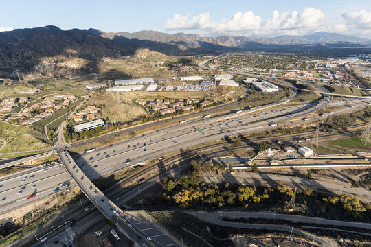 Aerial view of the Golden State 5 freeway at Balboa Blvd and San Fernando Road in Los Angeles California.