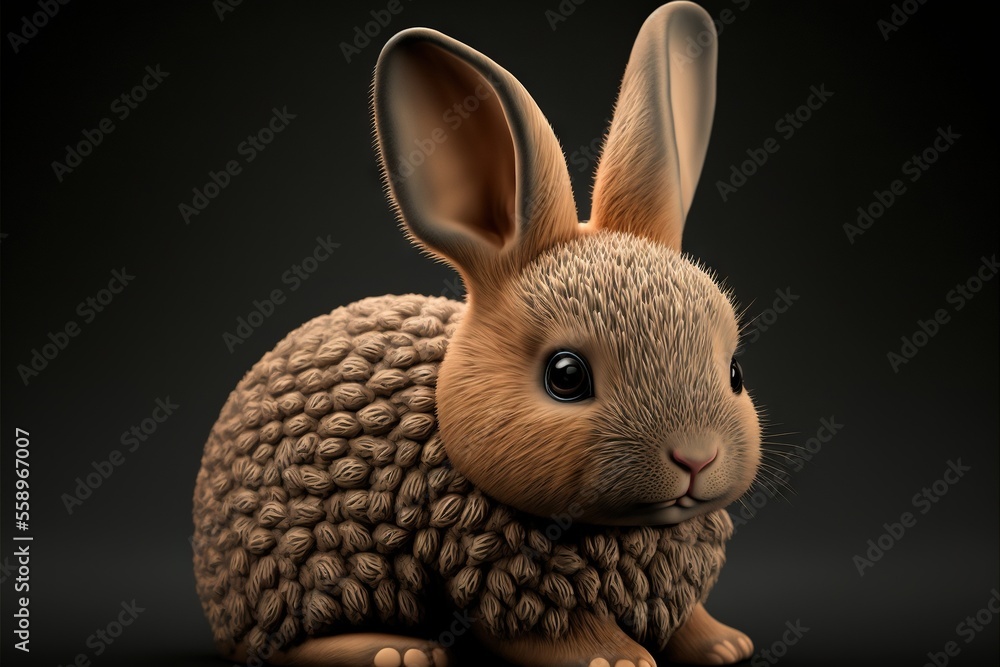 Poster a small rabbit sitting on top of a black floor next to a black background with a black background be