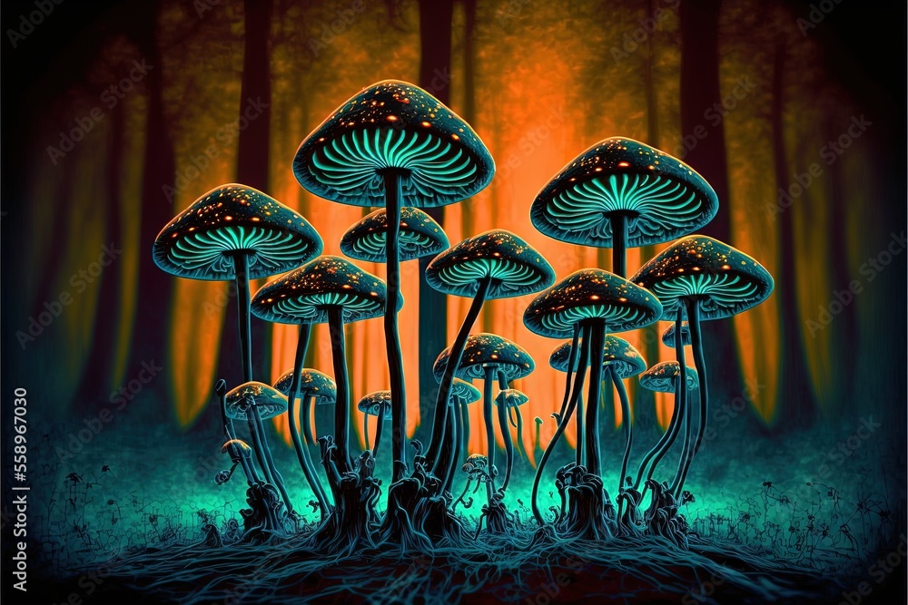Poster a group of mushrooms in a forest with a glowing background and a glowing glow on the ground in the m