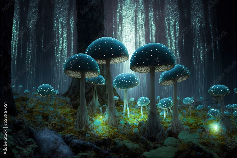 Poster a painting of a forest with glowing mushrooms and trees in the background, with a light shining on t