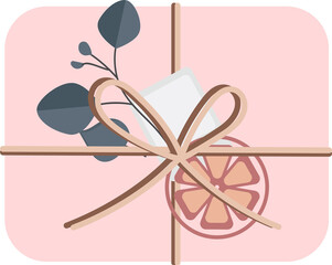 Christmas and birthday gift box top view. DIY present box with photo, slice of orange, twine bow and branch of eucalyptus. Colored flat vector illustrations. PNG, transparency.