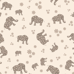 Cute baby elephant vector seamless pattern background. Adorable simple beige gender neutral backdrop with naive hand drawn elephants and flowers. Repeat design for nursery, children.