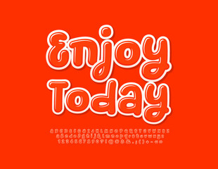 Fototapeta premium Vector bright poster Enjoy Holiday with cute handwritten Font. Artistic Red Alphabet Letters, Numbers ad Symbols set