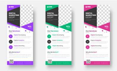 digital marketing corporate business roll up banner or stand banner design template with purple, green, red color. digital marketing corporate business modern rack card and dl flyer design template.