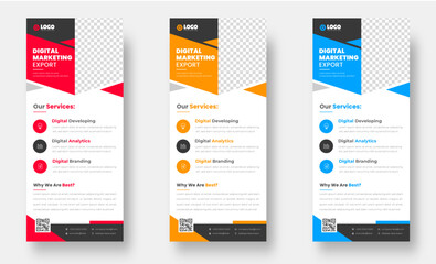 digital marketing corporate business roll up banner or stand banner design template with blue, yellow and red color. digital marketing corporate business modern rack card and dl flyer design template.