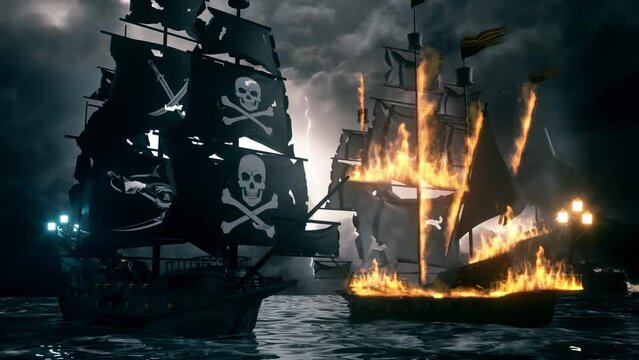 3D Jolly Roger Pirate Galleon firing cannons at an Enemy Galleon - Loop Landscape Background V2