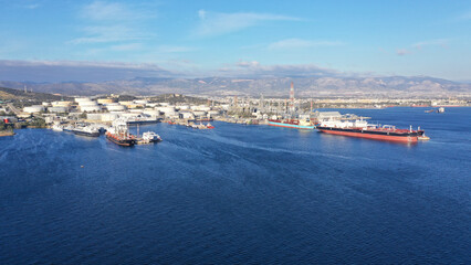 Fototapeta na wymiar Aerial drone photo of Public Hellenic Petroleum and crude oil refinery in coastal industrial area of Elefsina, Attica, Greece