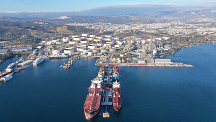 Aerial drone photo of Public Hellenic Petroleum and crude oil refinery in coastal industrial area...