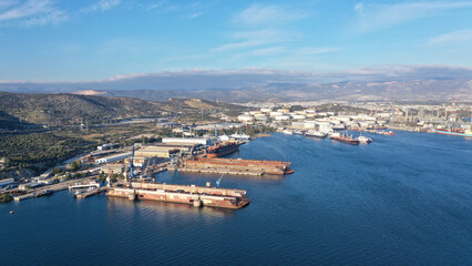Fototapeta na wymiar Aerial drone photo of shipyard in Elefsina, Attica, Greece
