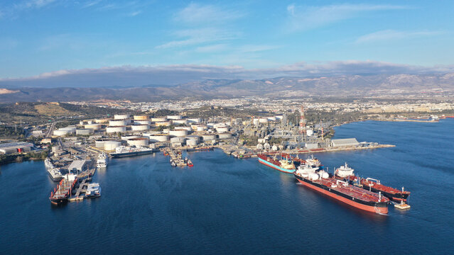 Aerial drone photo of Public Hellenic Petroleum and crude oil refinery in coastal industrial area of Elefsina, Attica, Greece