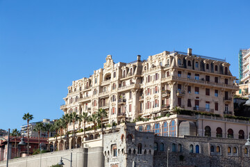 Fototapeta na wymiar Old Architectural Buildings in the city of Genoa, Italy. Sunny Sky.
