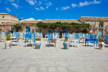 The main square of the historic village Marzamemi, Province of Syracuse, Sicily, Italy