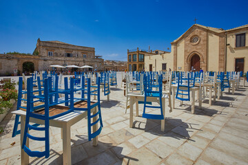 The main square of the historic village Marzamemi, Province of Syracuse, Sicily, Italy