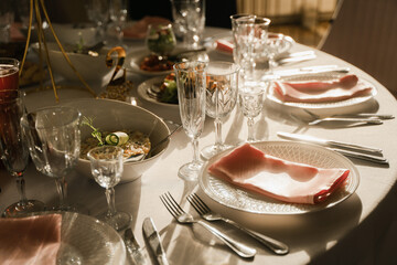 close-up round banquet table setting