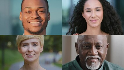 Split screen collage close-up portraits diverse multiethnic people different ages group happy men women pleased customers clients looking at camera smiling satisfied with service young mature persons