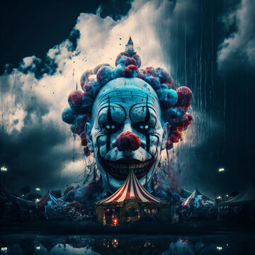 Horror clown and creapy funfair or circus. Concept of evil and fear. Designed using generative ai. 