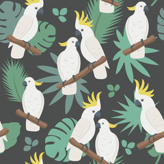 Vector love parrot seamless pattern. Cartoon cute cockatoo family with tropical leaves. Happy Valentine concept. Creative style texture for fabric, wrapping, textile, wallpaper, apparel. © annagraphics19